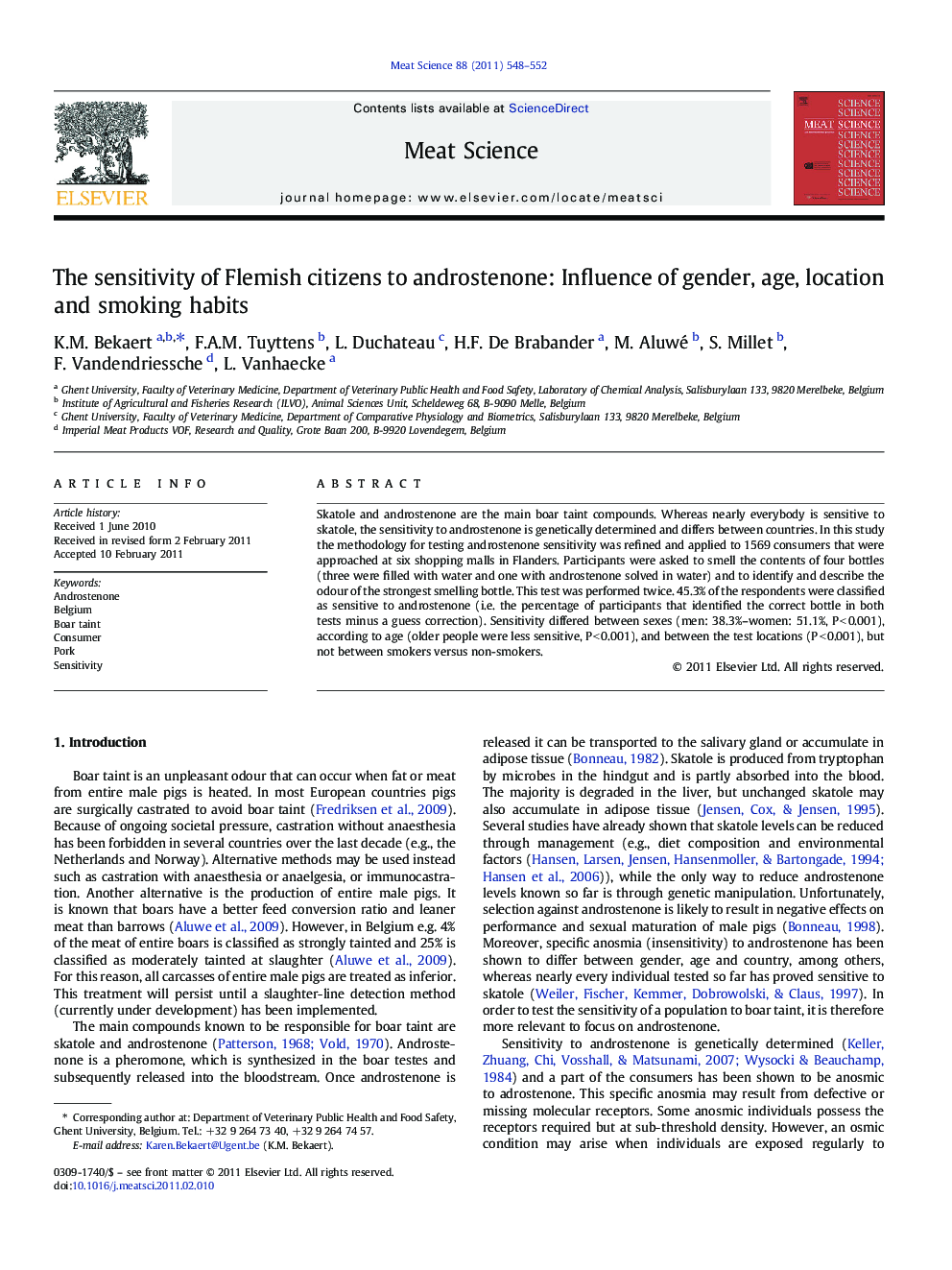 The sensitivity of Flemish citizens to androstenone: Influence of gender, age, location and smoking habits