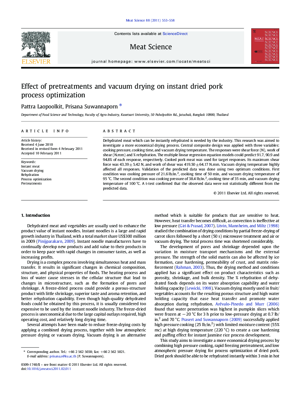 Effect of pretreatments and vacuum drying on instant dried pork process optimization