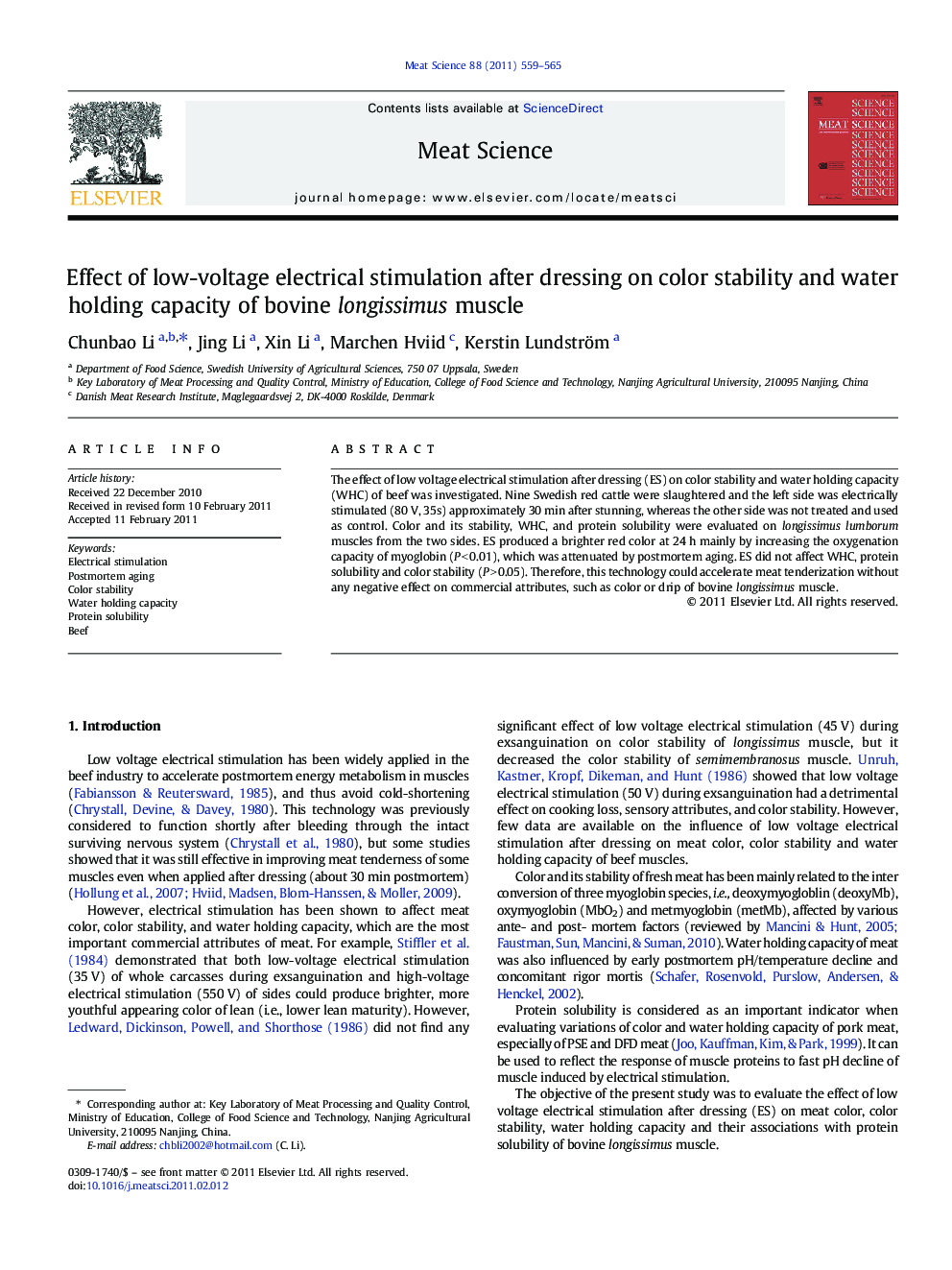 Effect of low-voltage electrical stimulation after dressing on color stability and water holding capacity of bovine longissimus muscle