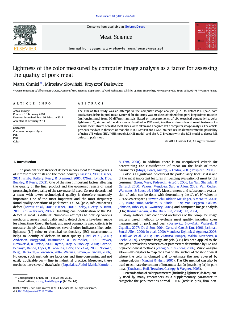 Lightness of the color measured by computer image analysis as a factor for assessing the quality of pork meat