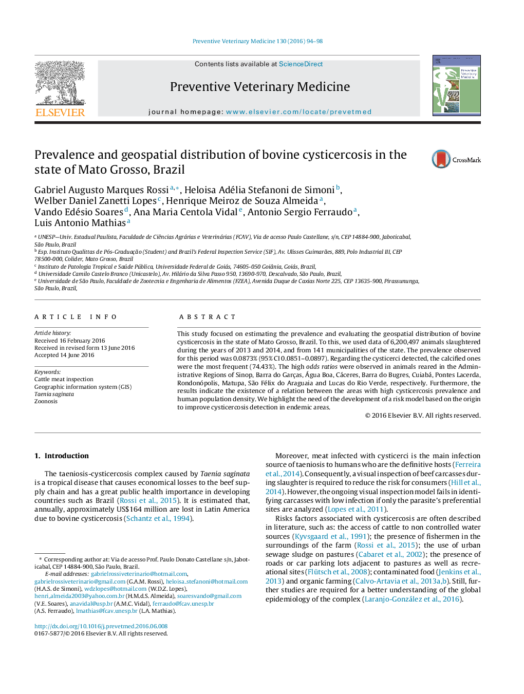 Prevalence and geospatial distribution of bovine cysticercosis in the state of Mato Grosso, Brazil