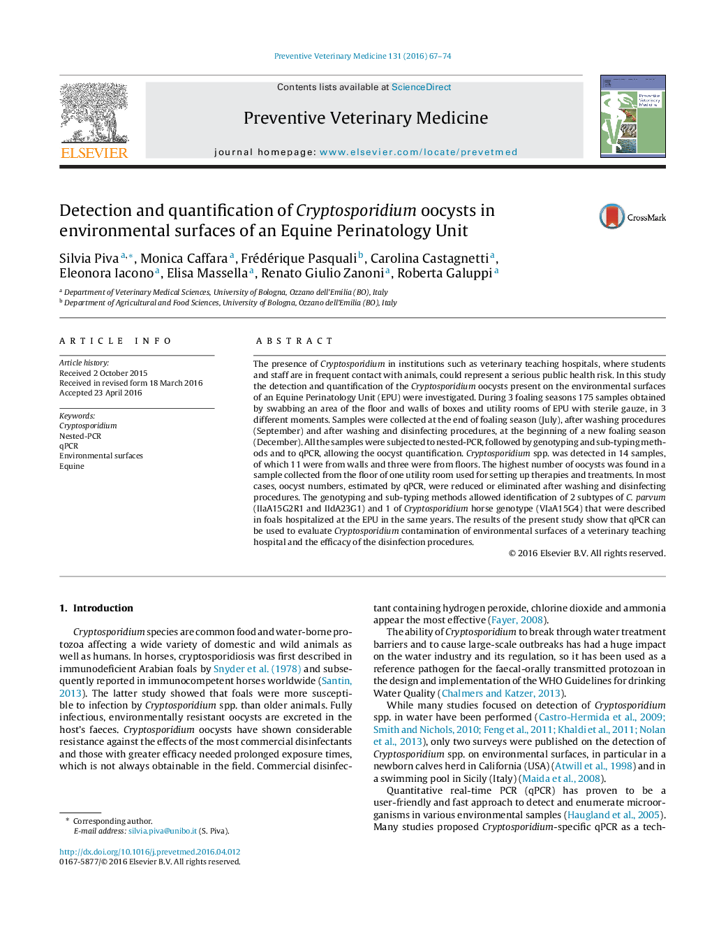 Detection and quantification of Cryptosporidium oocysts in environmental surfaces of an Equine Perinatology Unit