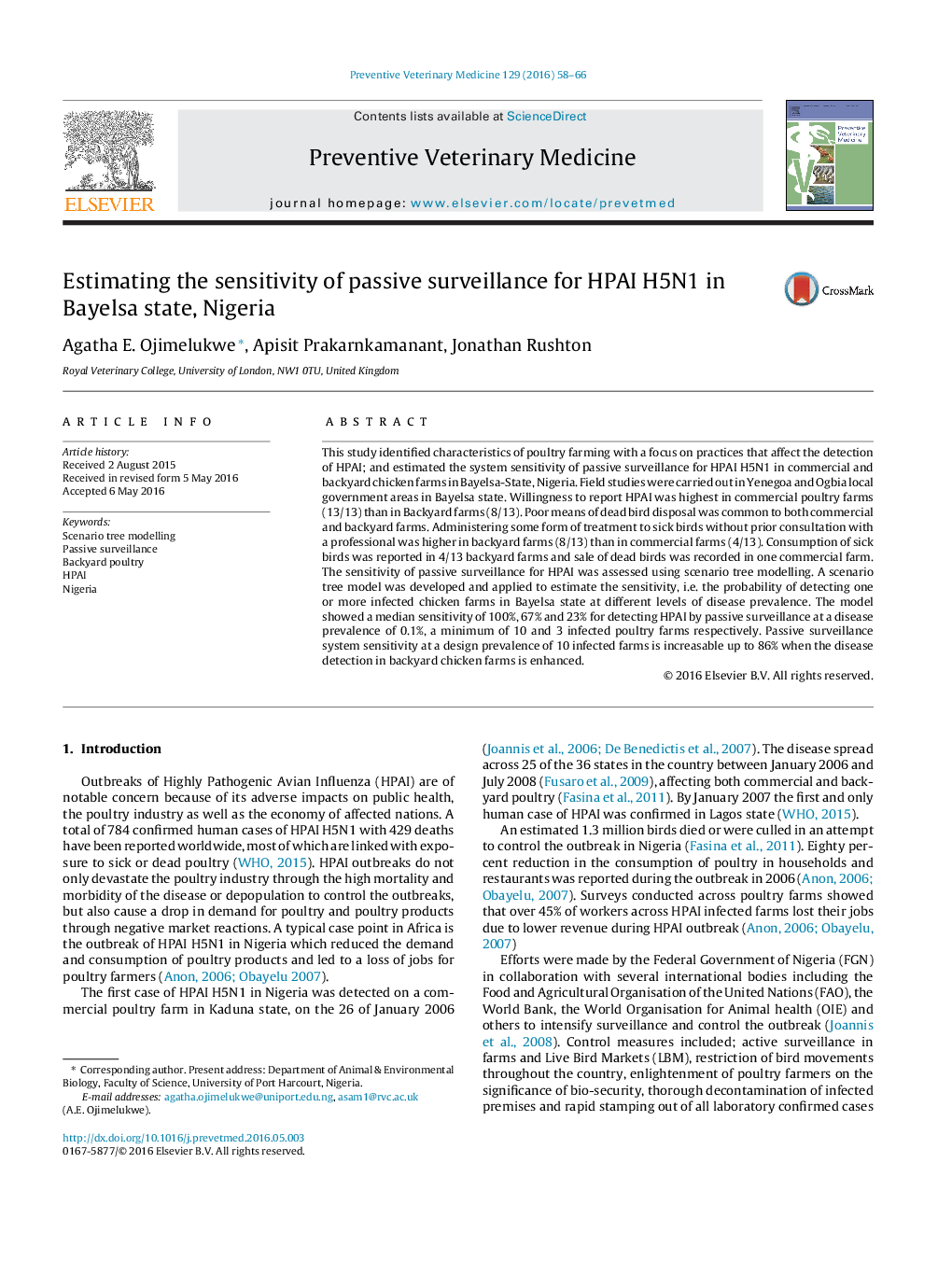 Estimating the sensitivity of passive surveillance for HPAI H5N1 in Bayelsa state, Nigeria