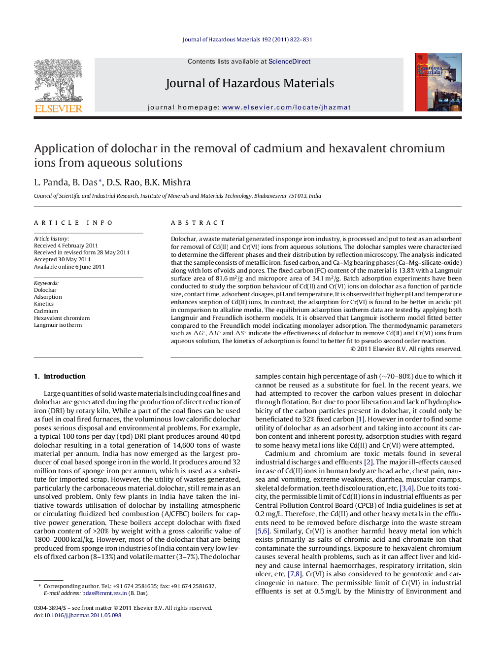 عکس صفحه اول مقاله: Application of dolochar in the removal of cadmium and hexavalent chromium ions from aqueous solutions Application of dolochar in the removal of cadmium and hexavalent chromium ions from aqueous solutions