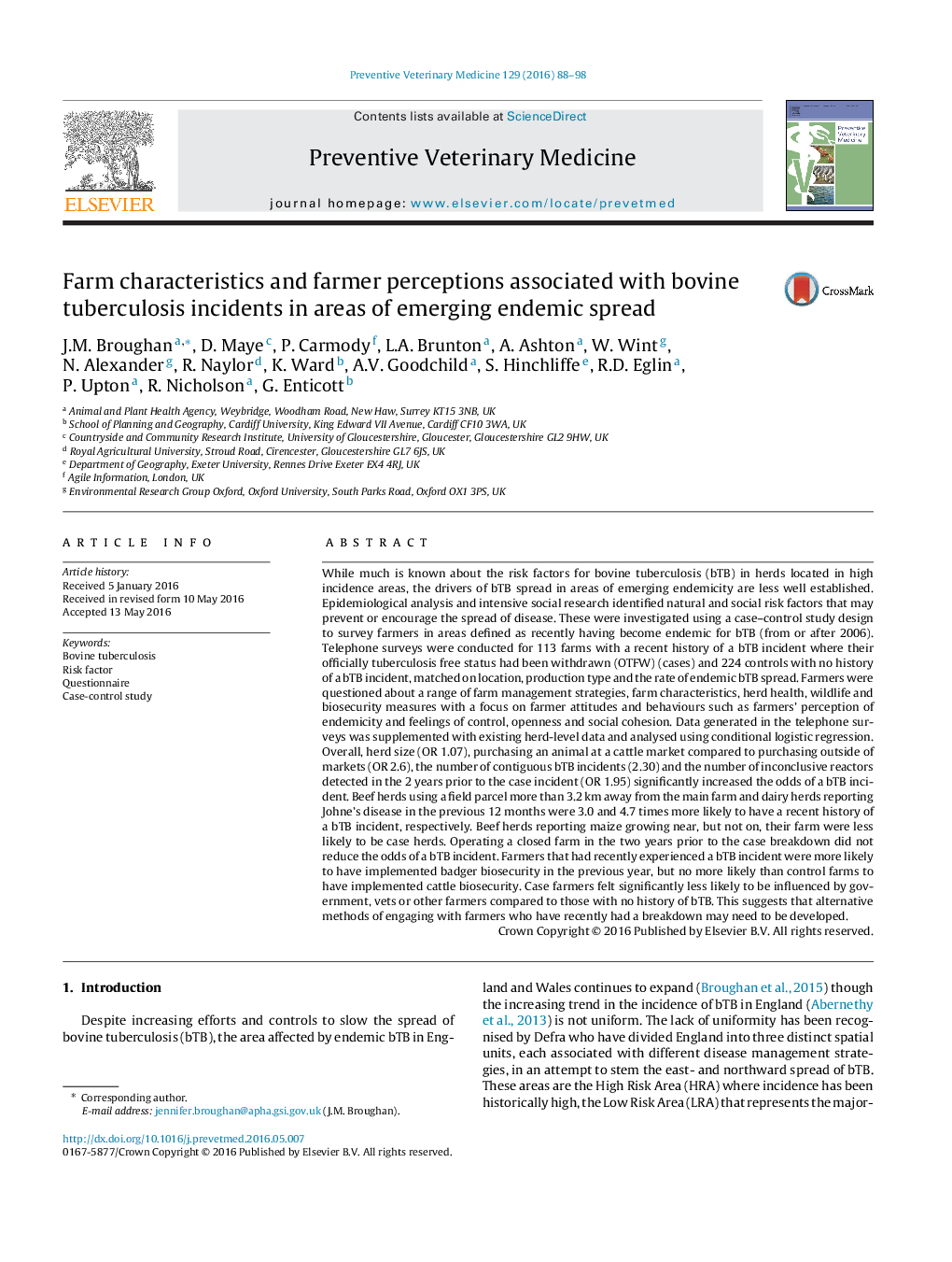 Farm characteristics and farmer perceptions associated with bovine tuberculosis incidents in areas of emerging endemic spread