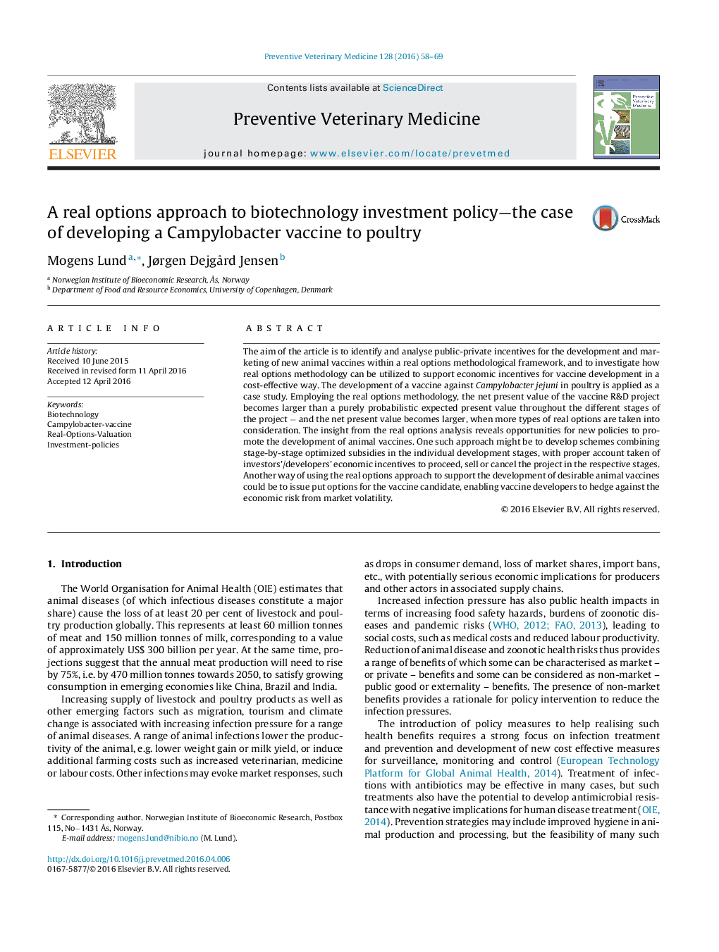 A real options approach to biotechnology investment policy-the case of developing a Campylobacter vaccine to poultry