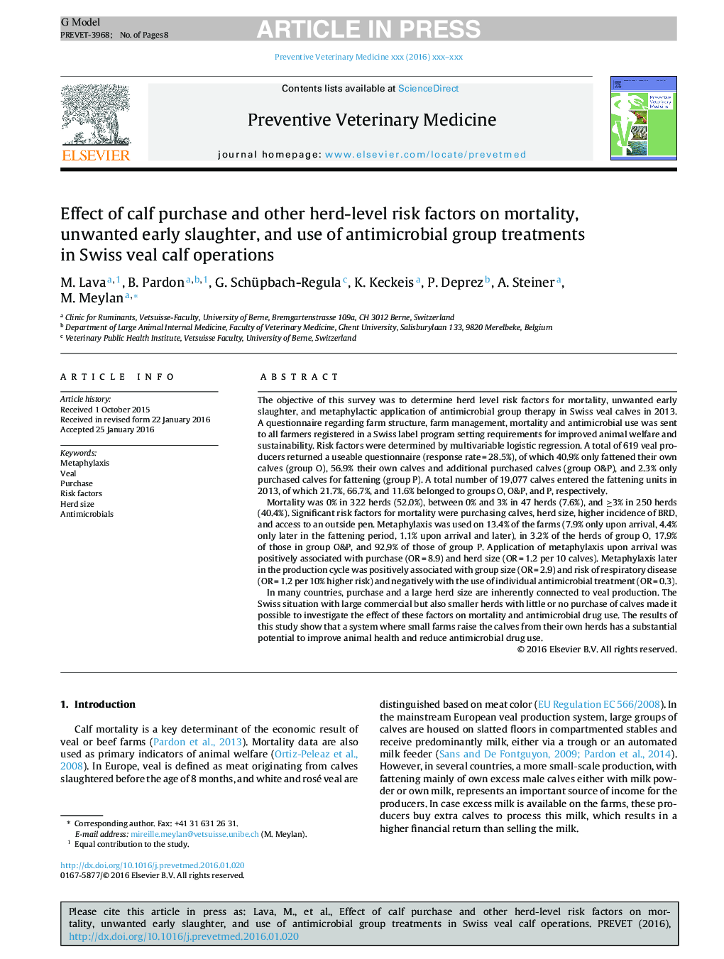 Effect of calf purchase and other herd-level risk factors on mortality, unwanted early slaughter, and use of antimicrobial group treatments in Swiss veal calf operations