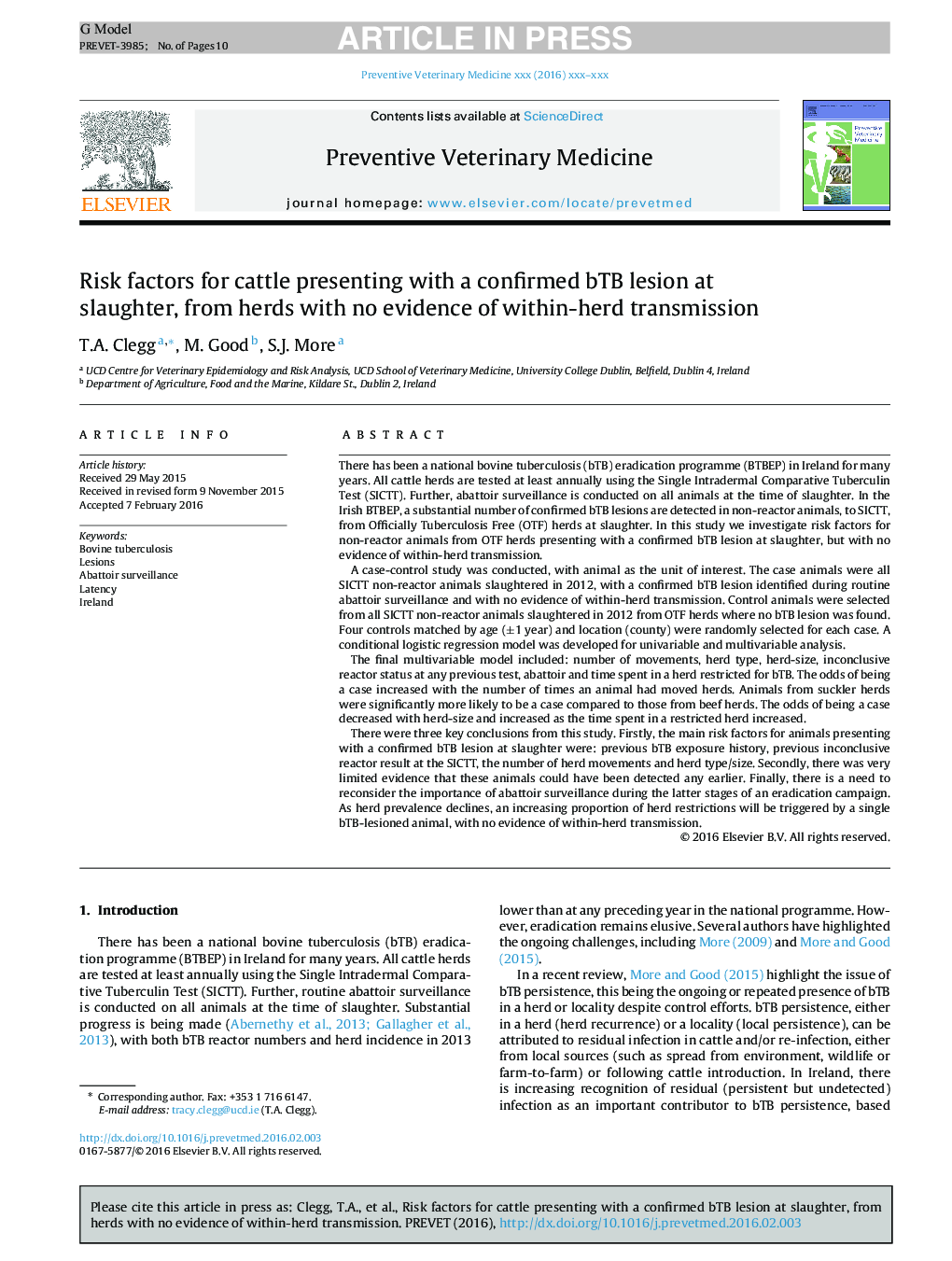 Risk factors for cattle presenting with a confirmed bTB lesion at slaughter, from herds with no evidence of within-herd transmission