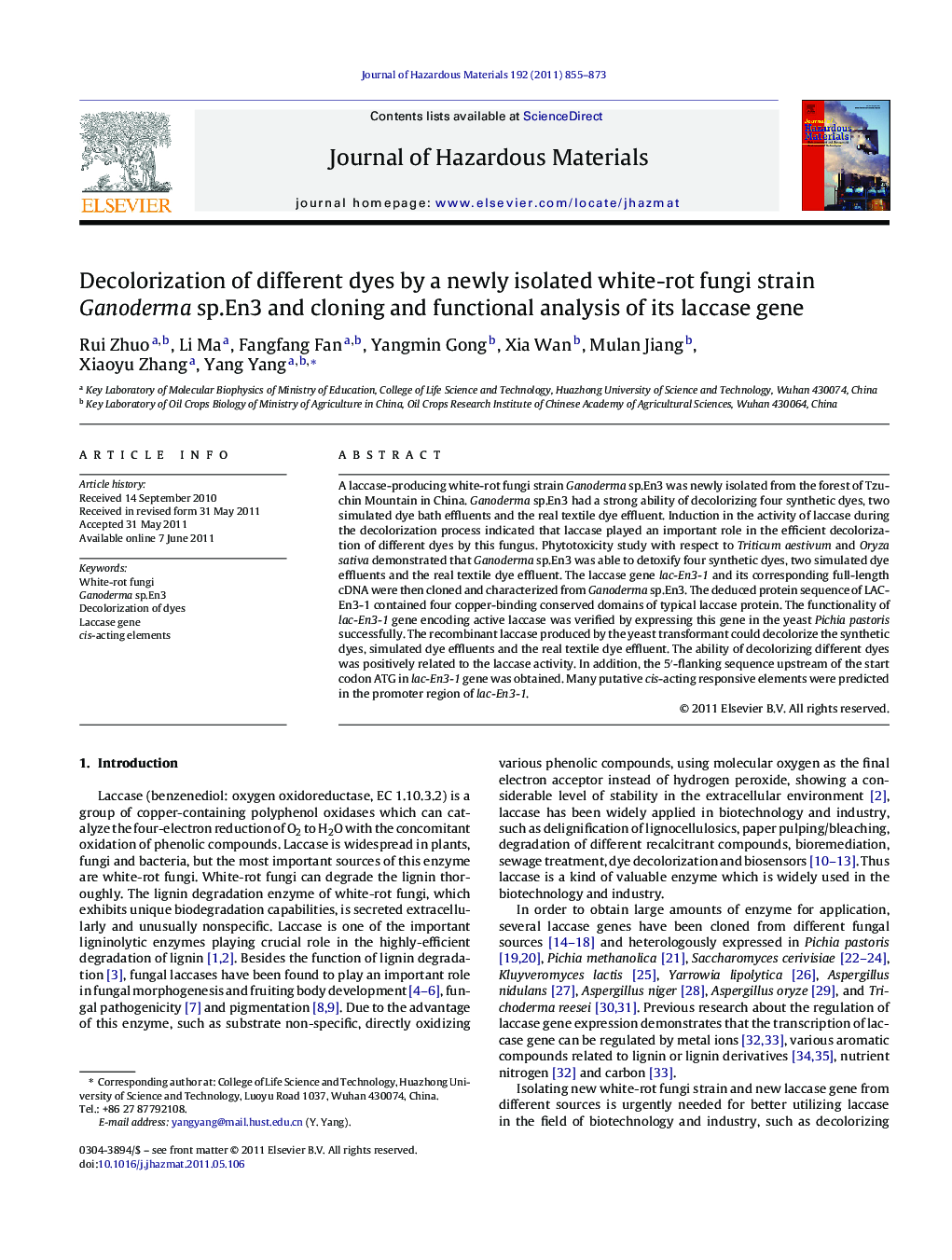 عکس صفحه اول مقاله: Decolorization of different dyes by a newly isolated white-rot fungi strain Ganoderma sp.En3 and cloning and functional analysis of its laccase gene Decolorization of different dyes by a newly isolated white-rot fungi strain Ganoderma sp.En3 and cloning and functional analysis of its laccase gene