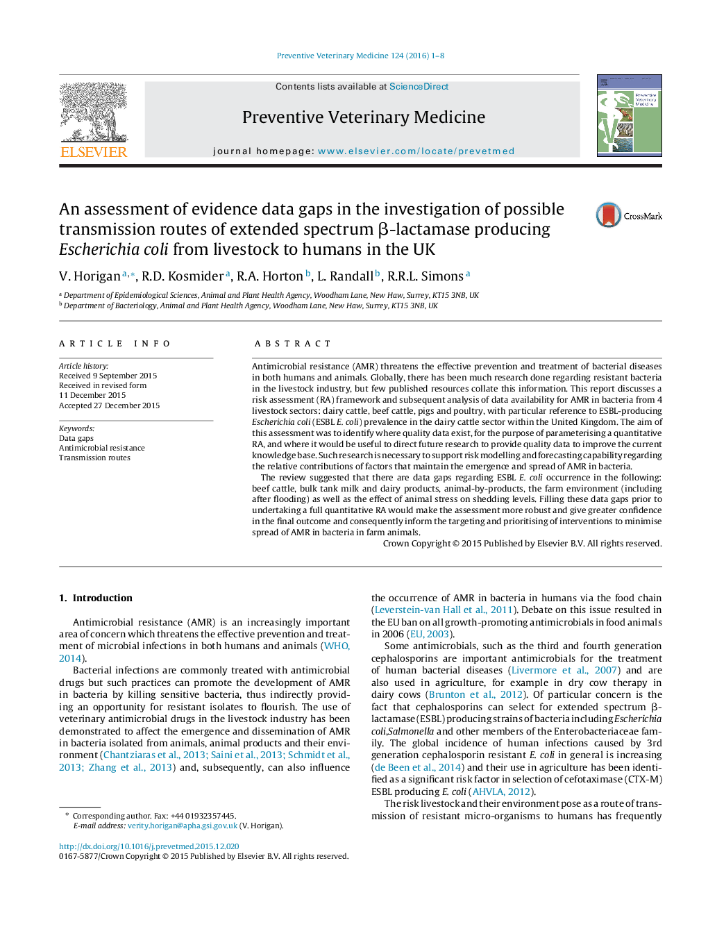 An assessment of evidence data gaps in the investigation of possible transmission routes of extended spectrum Î²-lactamase producing Escherichia coli from livestock to humans in the UK