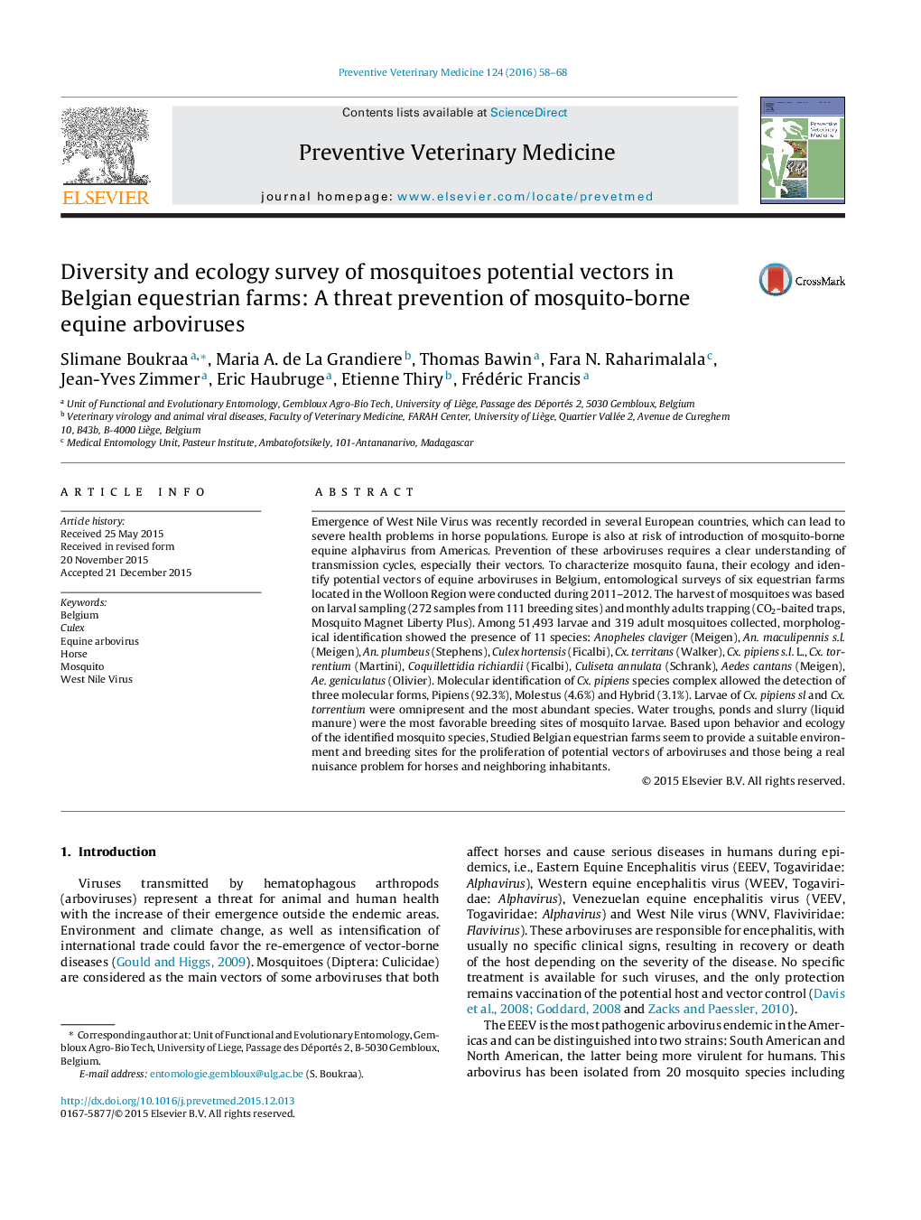 Diversity and ecology survey of mosquitoes potential vectors in Belgian equestrian farms: A threat prevention of mosquito-borne equine arboviruses