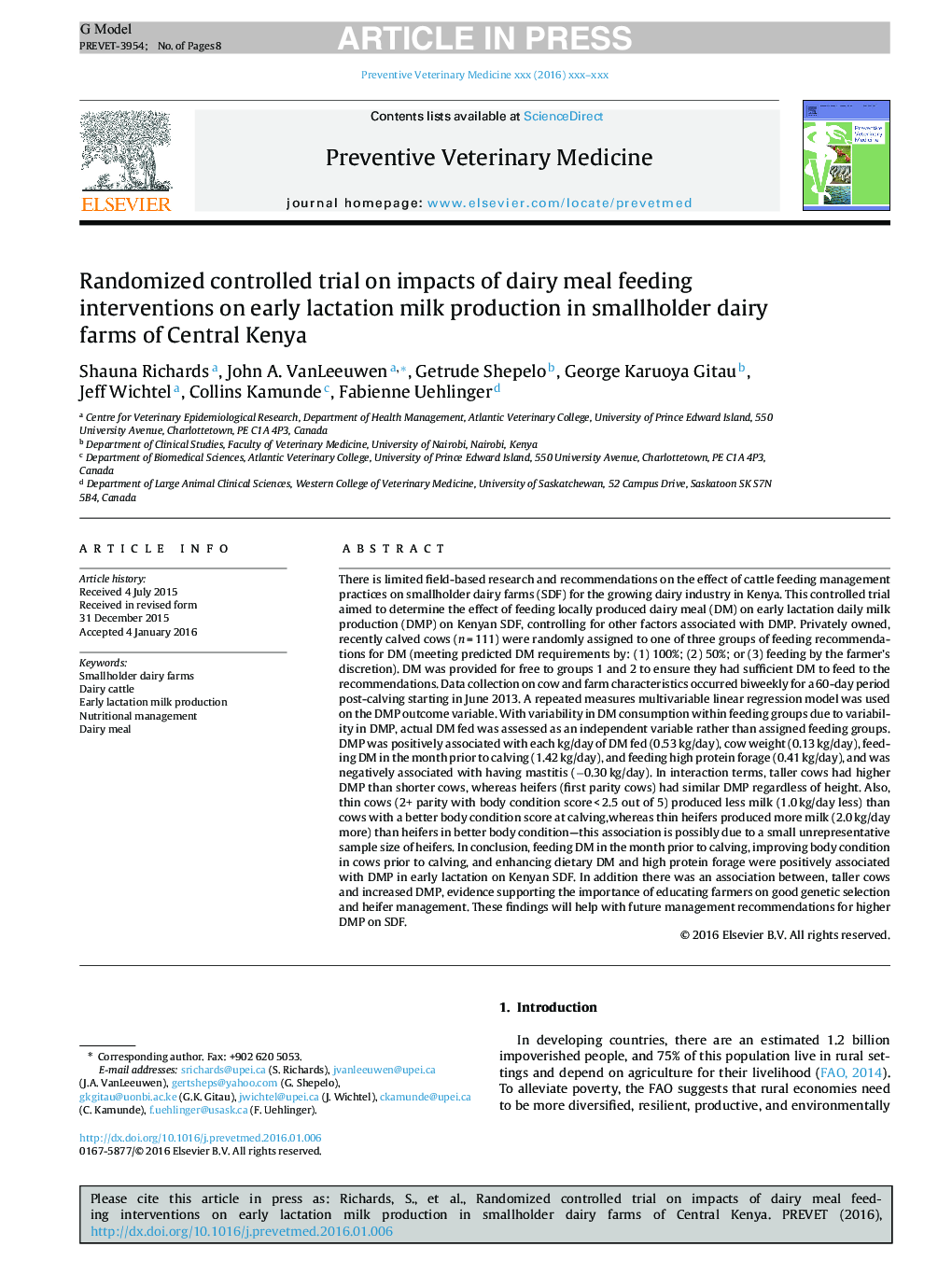 Randomized controlled trial on impacts of dairy meal feeding interventions on early lactation milk production in smallholder dairy farms of Central Kenya