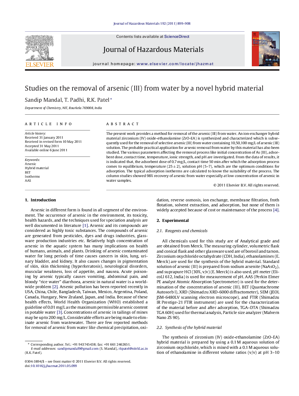 Studies on the removal of arsenic (III) from water by a novel hybrid material