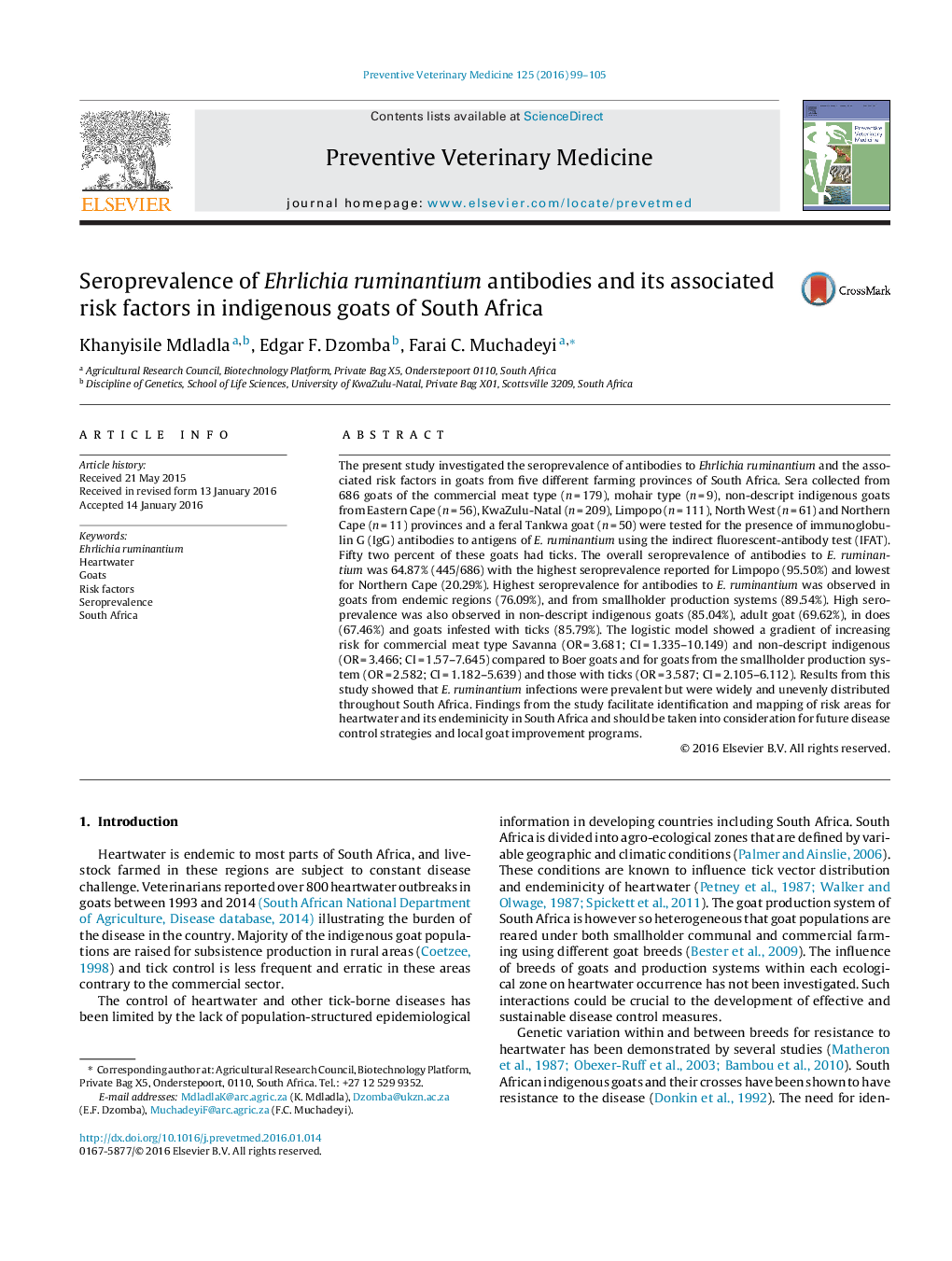 Seroprevalence of Ehrlichia ruminantium antibodies and its associated risk factors in indigenous goats of South Africa