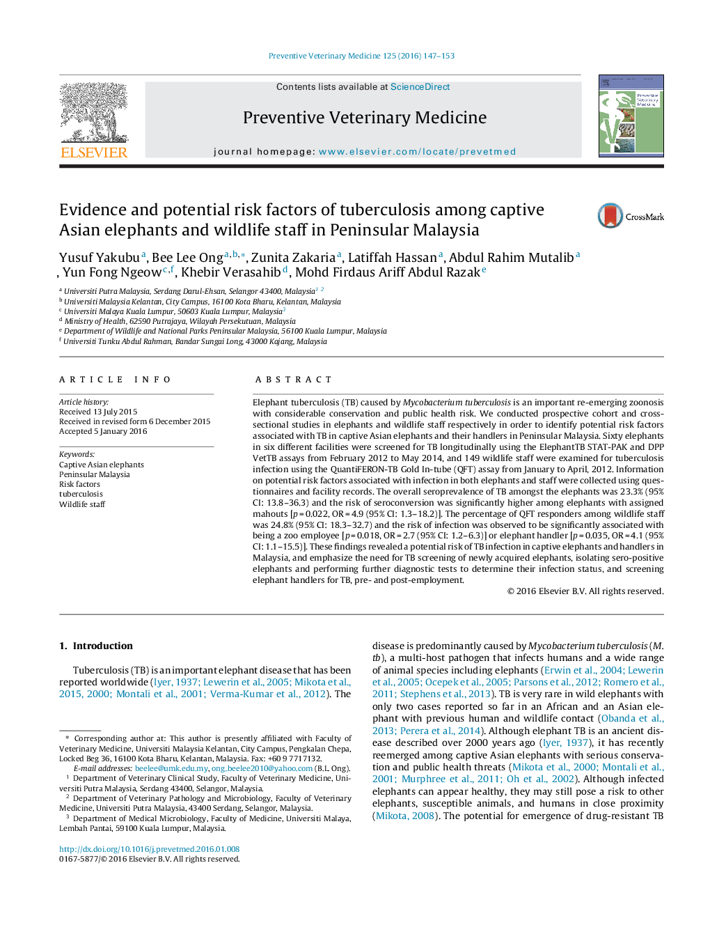 Evidence and potential risk factors of tuberculosis among captive Asian elephants and wildlife staff in Peninsular Malaysia