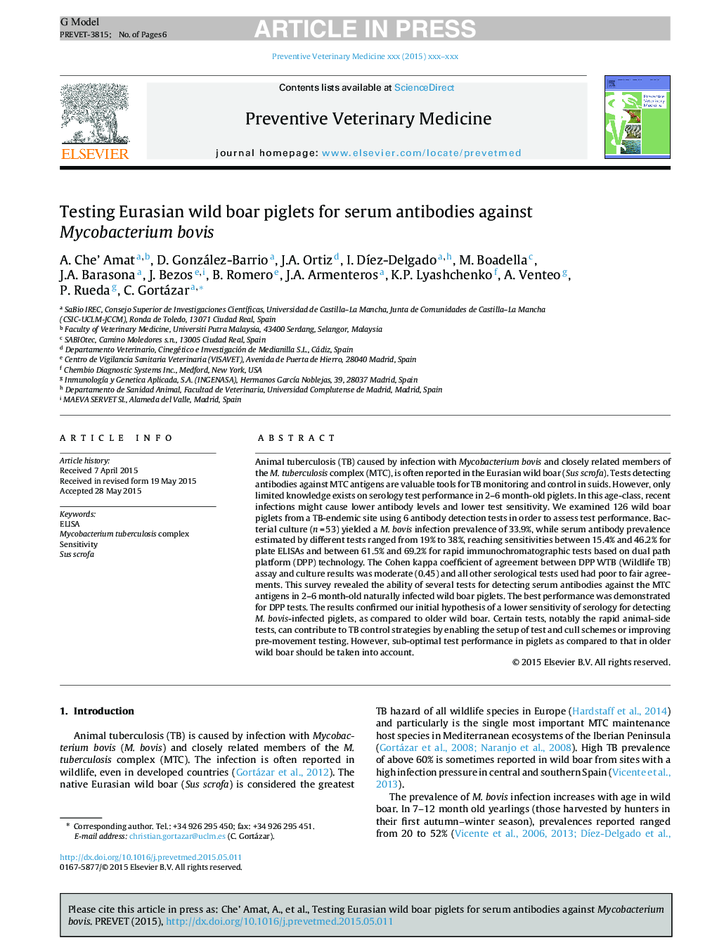 Testing Eurasian wild boar piglets for serum antibodies against Mycobacterium bovis