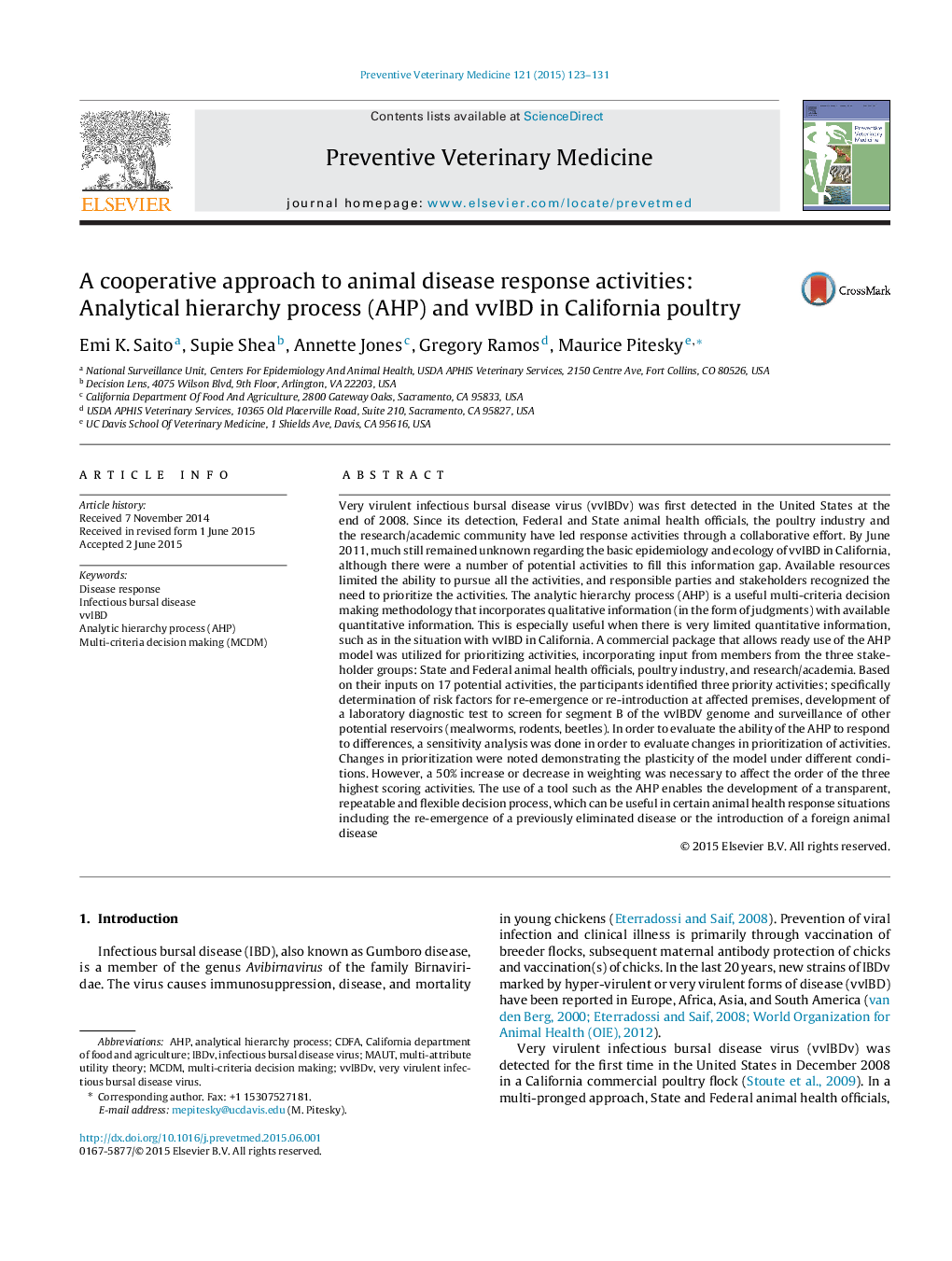 A cooperative approach to animal disease response activities: Analytical hierarchy process (AHP) and vvIBD in California poultry