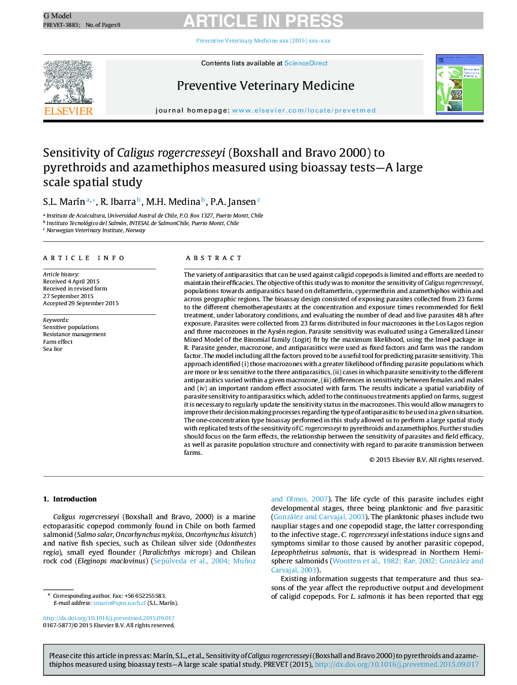 Sensitivity of Caligus rogercresseyi (Boxshall and Bravo 2000) to pyrethroids and azamethiphos measured using bioassay tests-A large scale spatial study