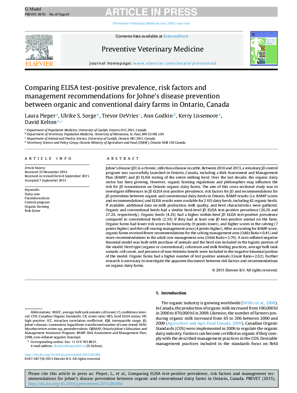 Comparing ELISA test-positive prevalence, risk factors and management recommendations for Johne's disease prevention between organic and conventional dairy farms in Ontario, Canada