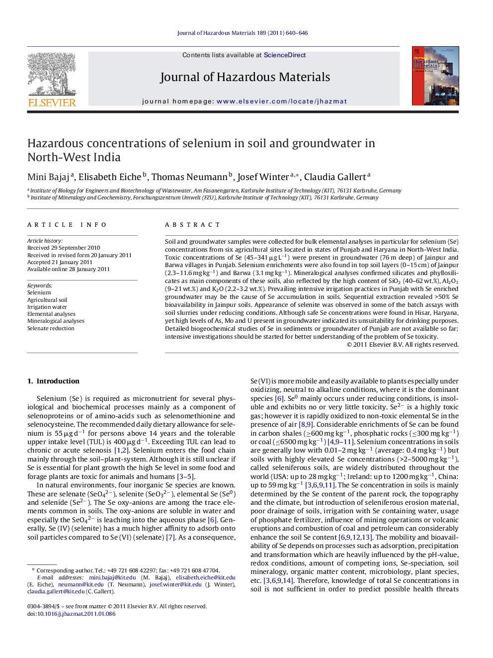 Hazardous concentrations of selenium in soil and groundwater in North-West India