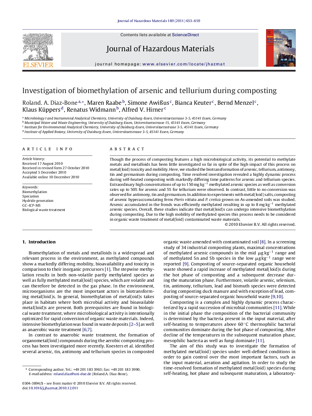 Investigation of biomethylation of arsenic and tellurium during composting