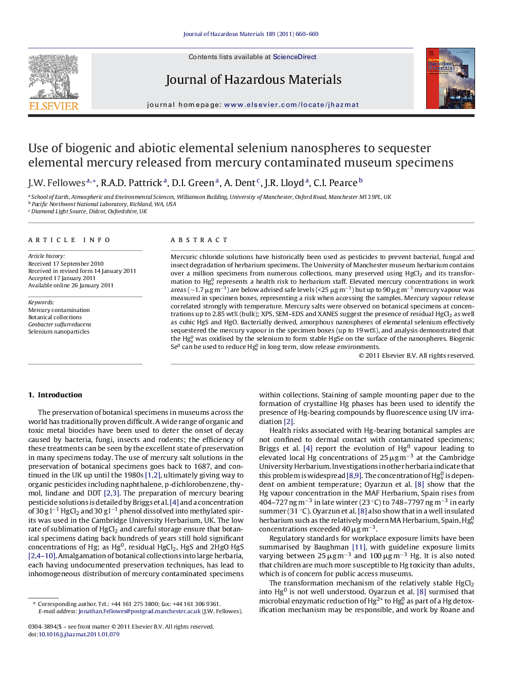 Use of biogenic and abiotic elemental selenium nanospheres to sequester elemental mercury released from mercury contaminated museum specimens