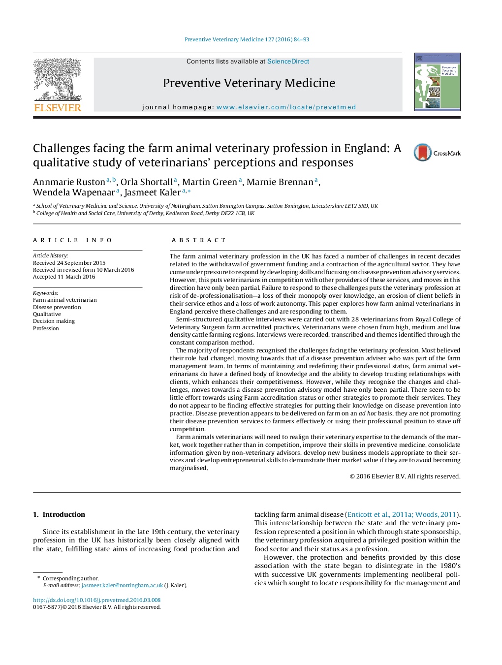 Challenges facing the farm animal veterinary profession in England: A qualitative study of veterinarians' perceptions and responses