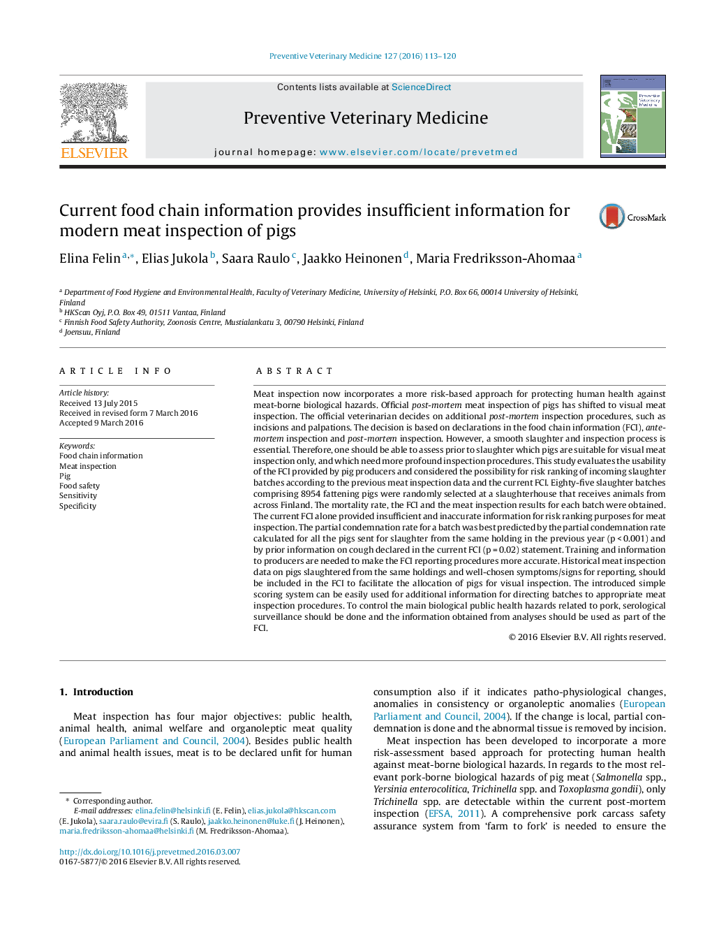 Current food chain information provides insufficient information for modern meat inspection of pigs