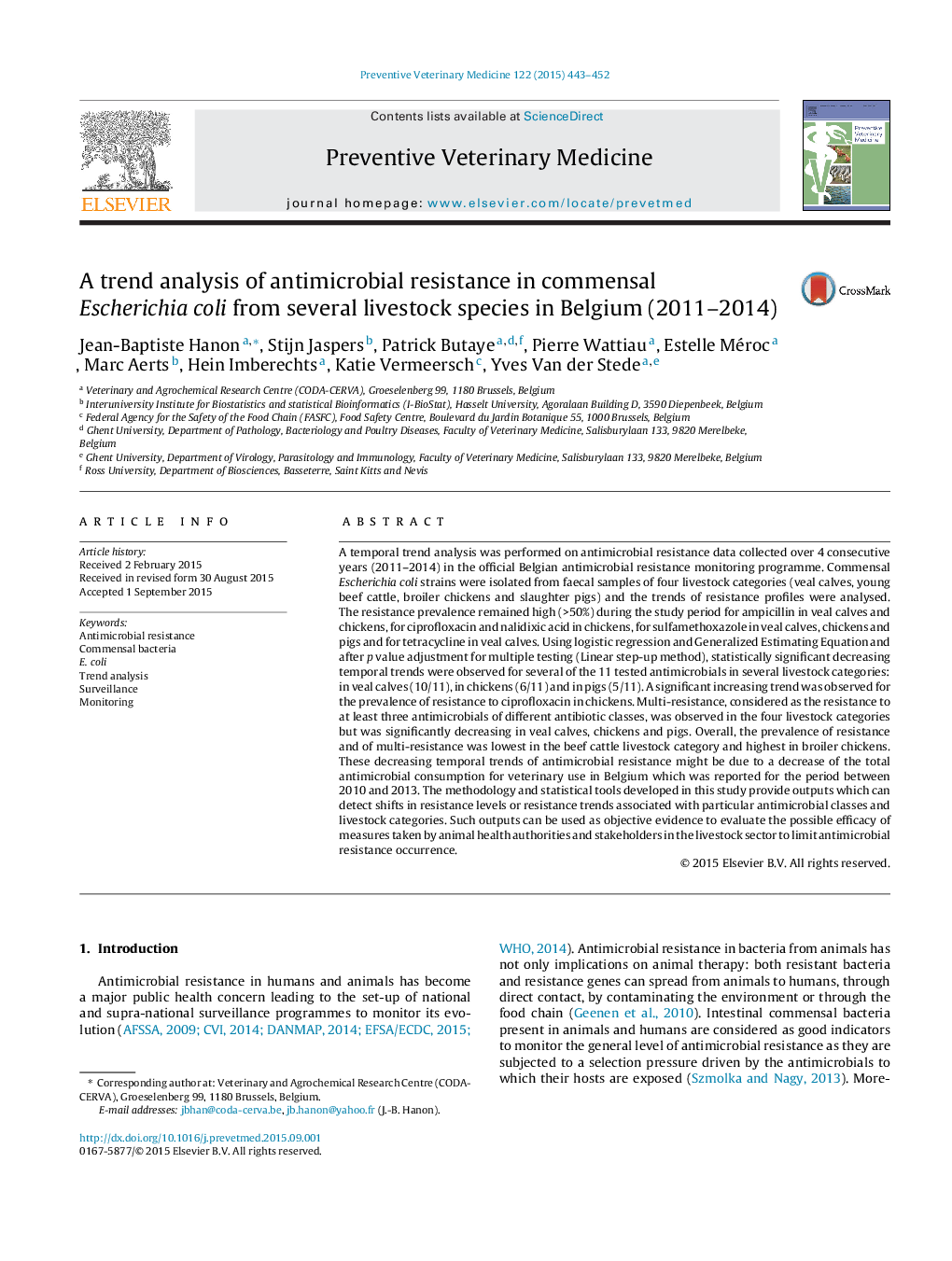 A trend analysis of antimicrobial resistance in commensal Escherichia coli from several livestock species in Belgium (2011-2014)