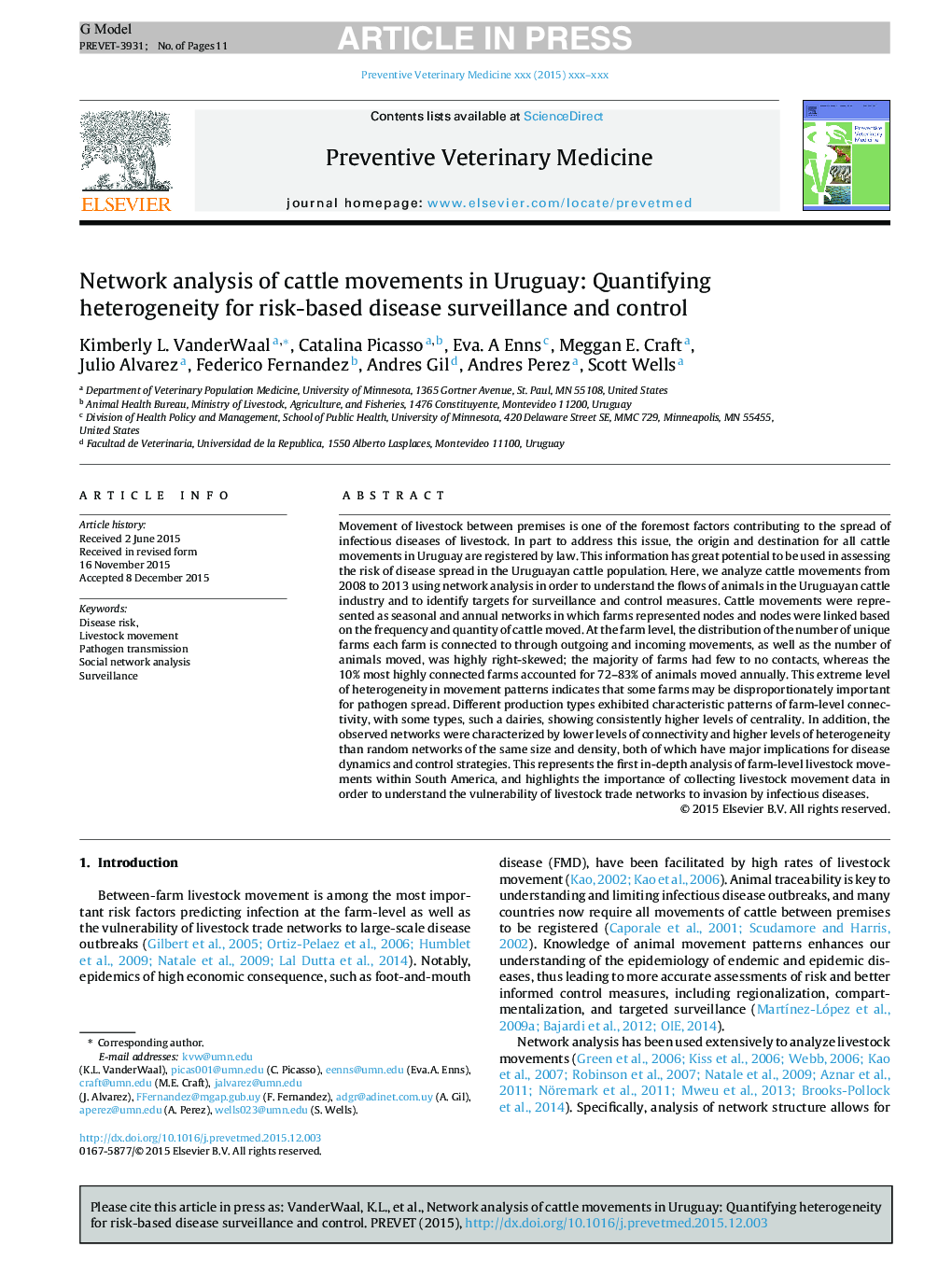 Network analysis of cattle movements in Uruguay: Quantifying heterogeneity for risk-based disease surveillance and control