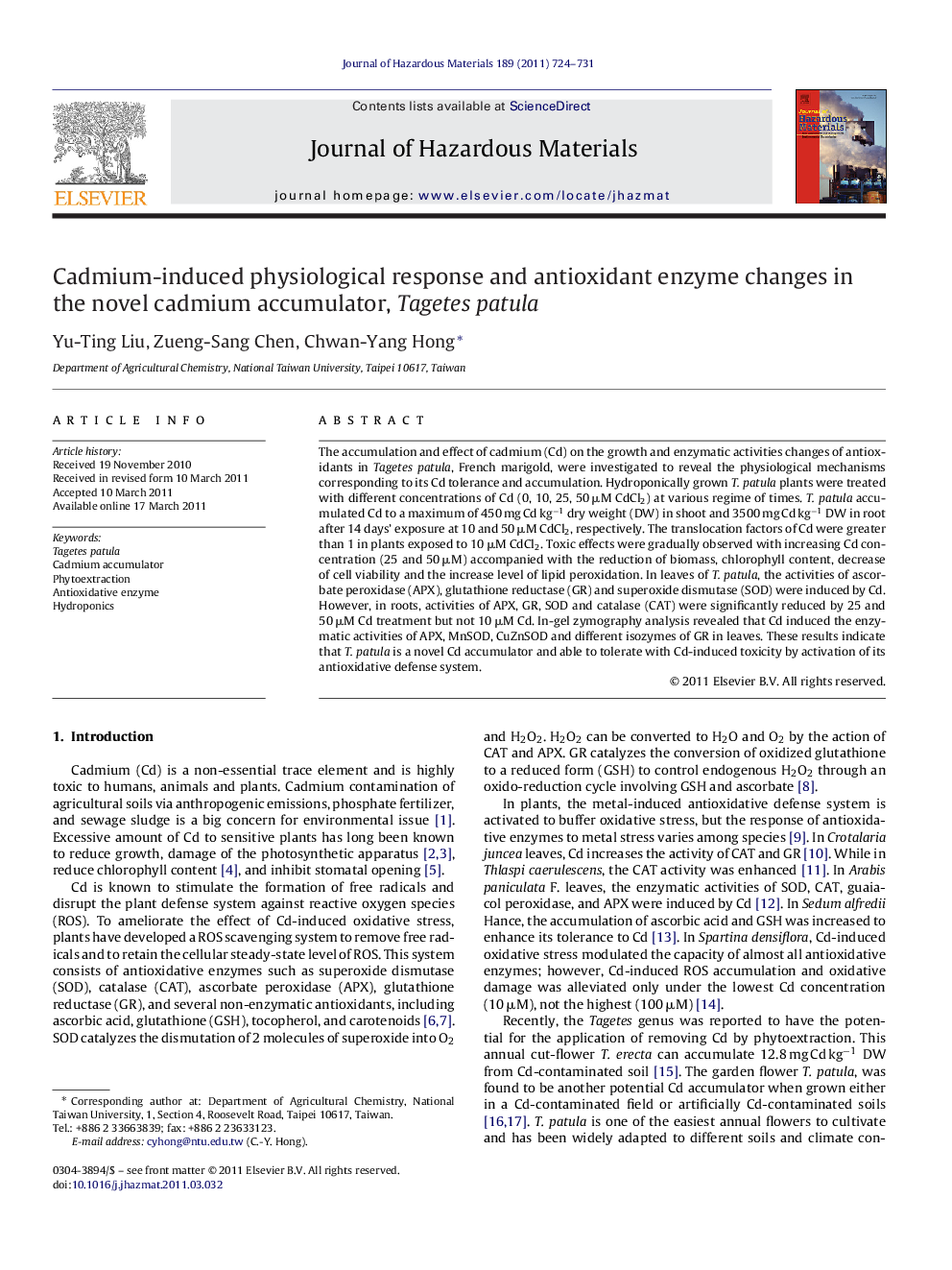 Cadmium-induced physiological response and antioxidant enzyme changes in the novel cadmium accumulator, Tagetes patula