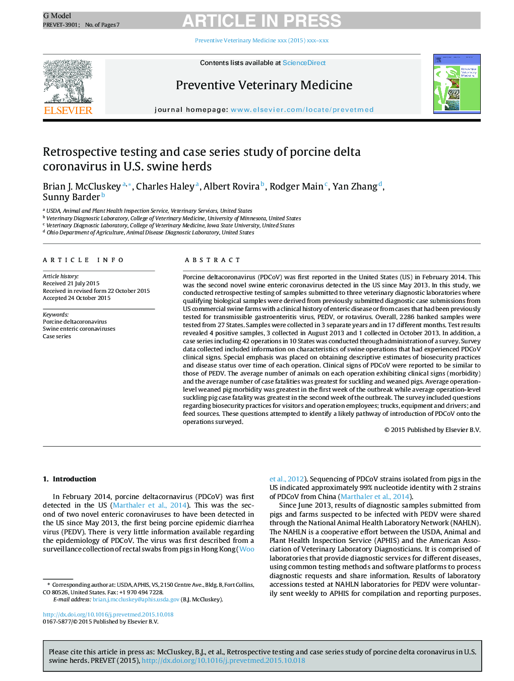 Retrospective testing and case series study of porcine delta coronavirus in U.S. swine herds