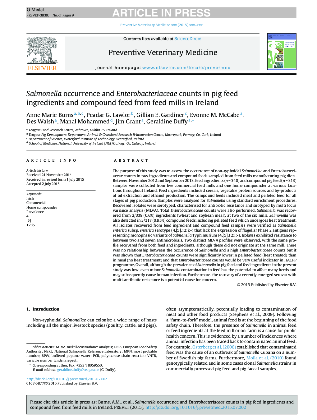 Salmonella occurrence and Enterobacteriaceae counts in pig feed ingredients and compound feed from feed mills in Ireland