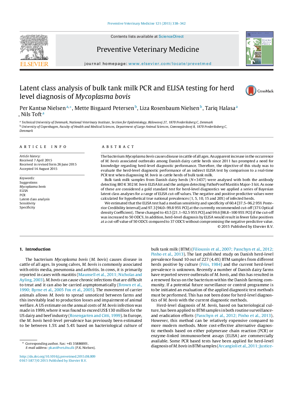 Latent class analysis of bulk tank milk PCR and ELISA testing for herd level diagnosis of Mycoplasma bovis