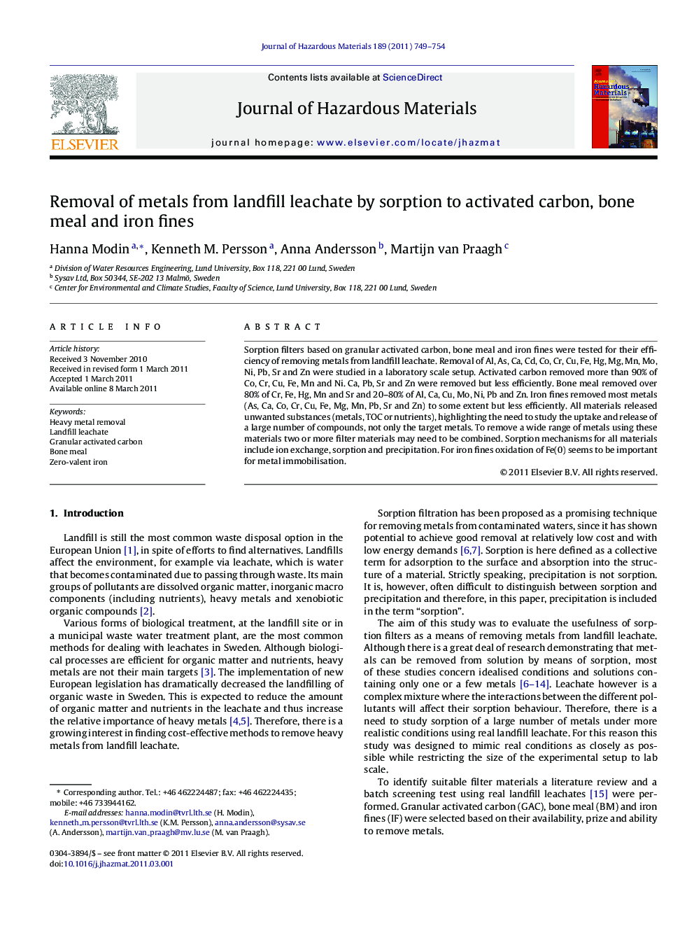 Removal of metals from landfill leachate by sorption to activated carbon, bone meal and iron fines