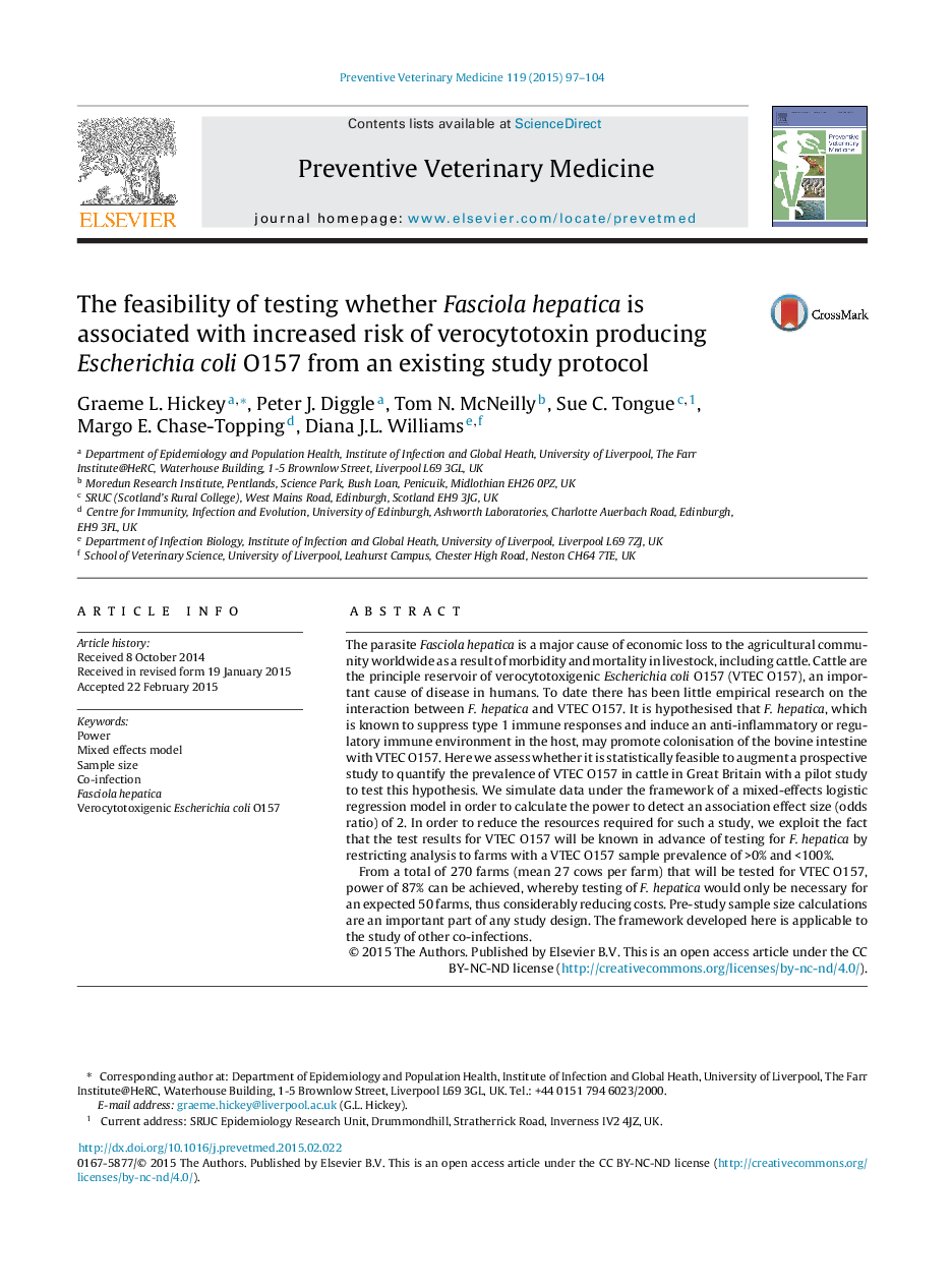 The feasibility of testing whether Fasciola hepatica is associated with increased risk of verocytotoxin producing Escherichia coli O157 from an existing study protocol