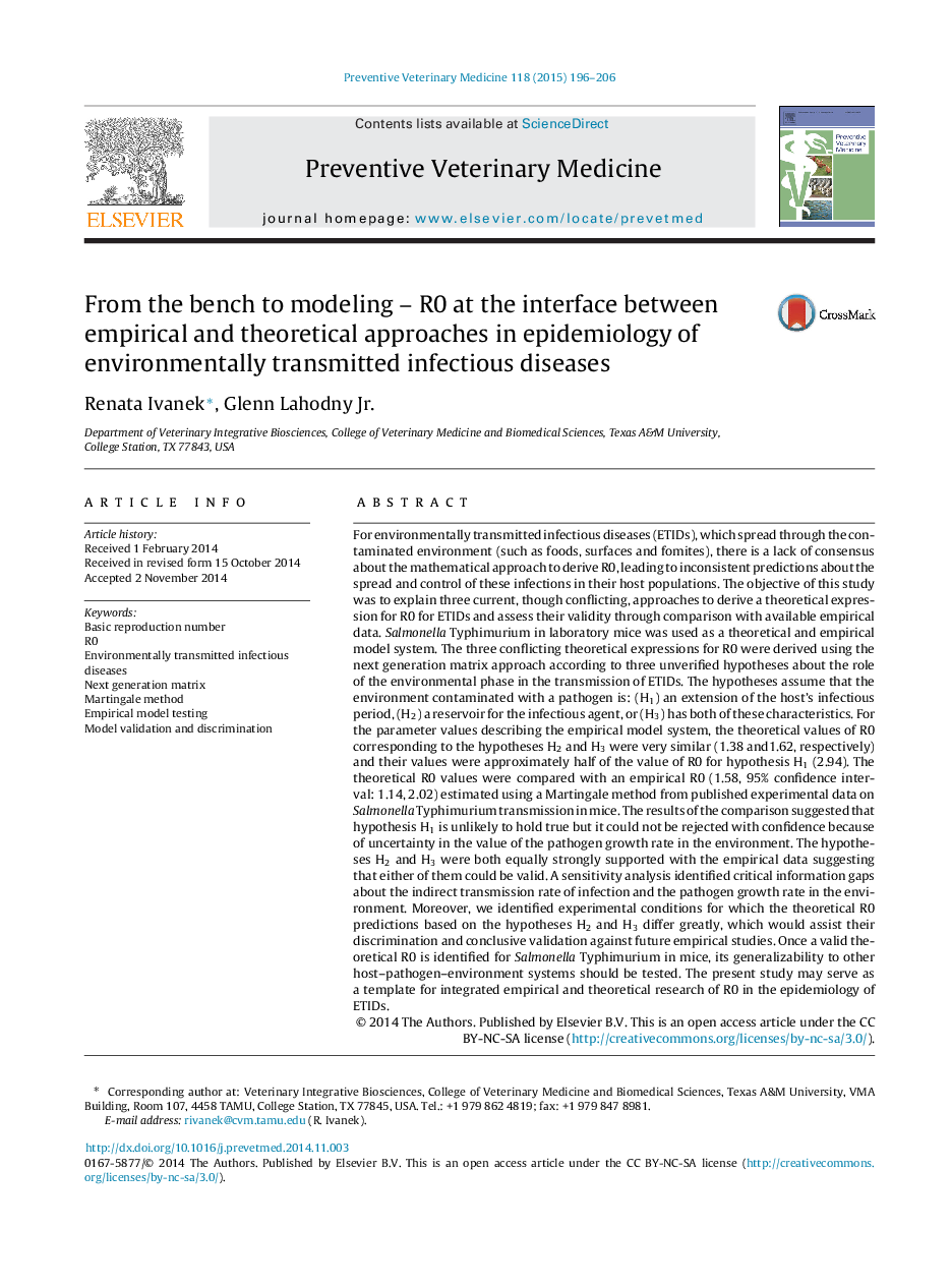 From the bench to modeling - R0 at the interface between empirical and theoretical approaches in epidemiology of environmentally transmitted infectious diseases