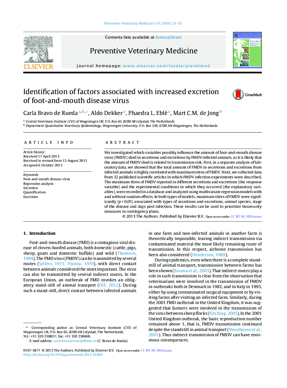 Identification of factors associated with increased excretion of foot-and-mouth disease virus