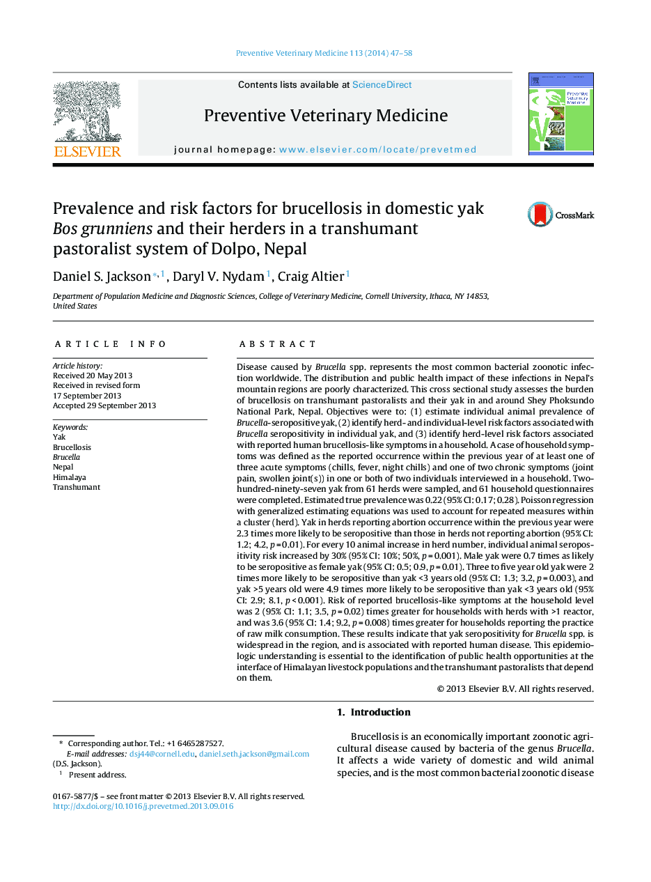 Prevalence and risk factors for brucellosis in domestic yak Bos grunniens and their herders in a transhumant pastoralist system of Dolpo, Nepal