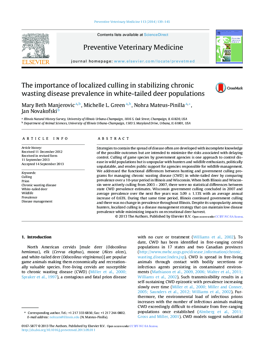 The importance of localized culling in stabilizing chronic wasting disease prevalence in white-tailed deer populations