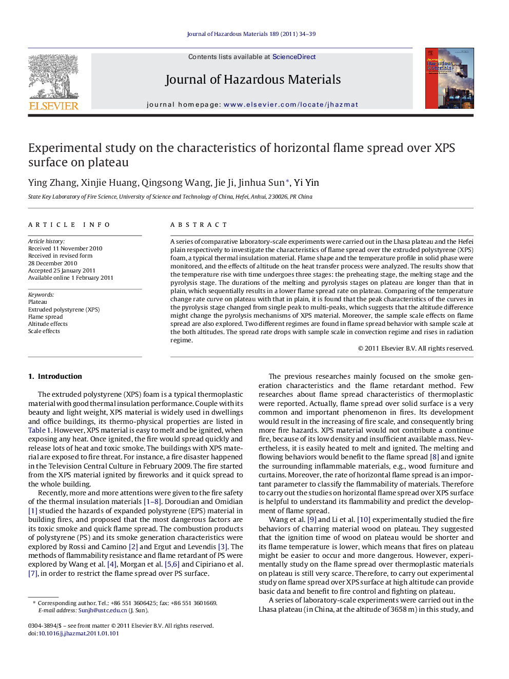 Experimental study on the characteristics of horizontal flame spread over XPS surface on plateau