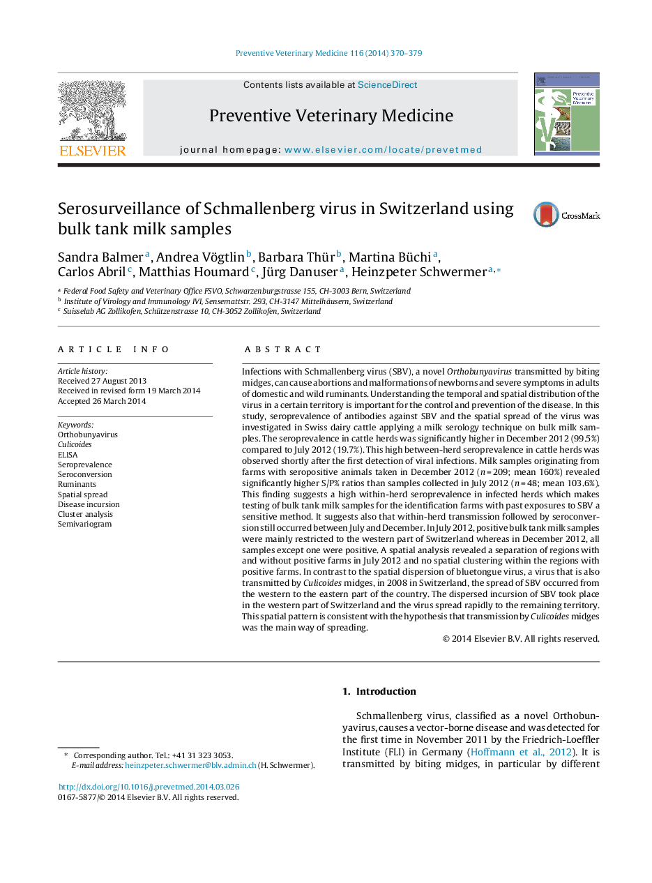 Serosurveillance of Schmallenberg virus in Switzerland using bulk tank milk samples