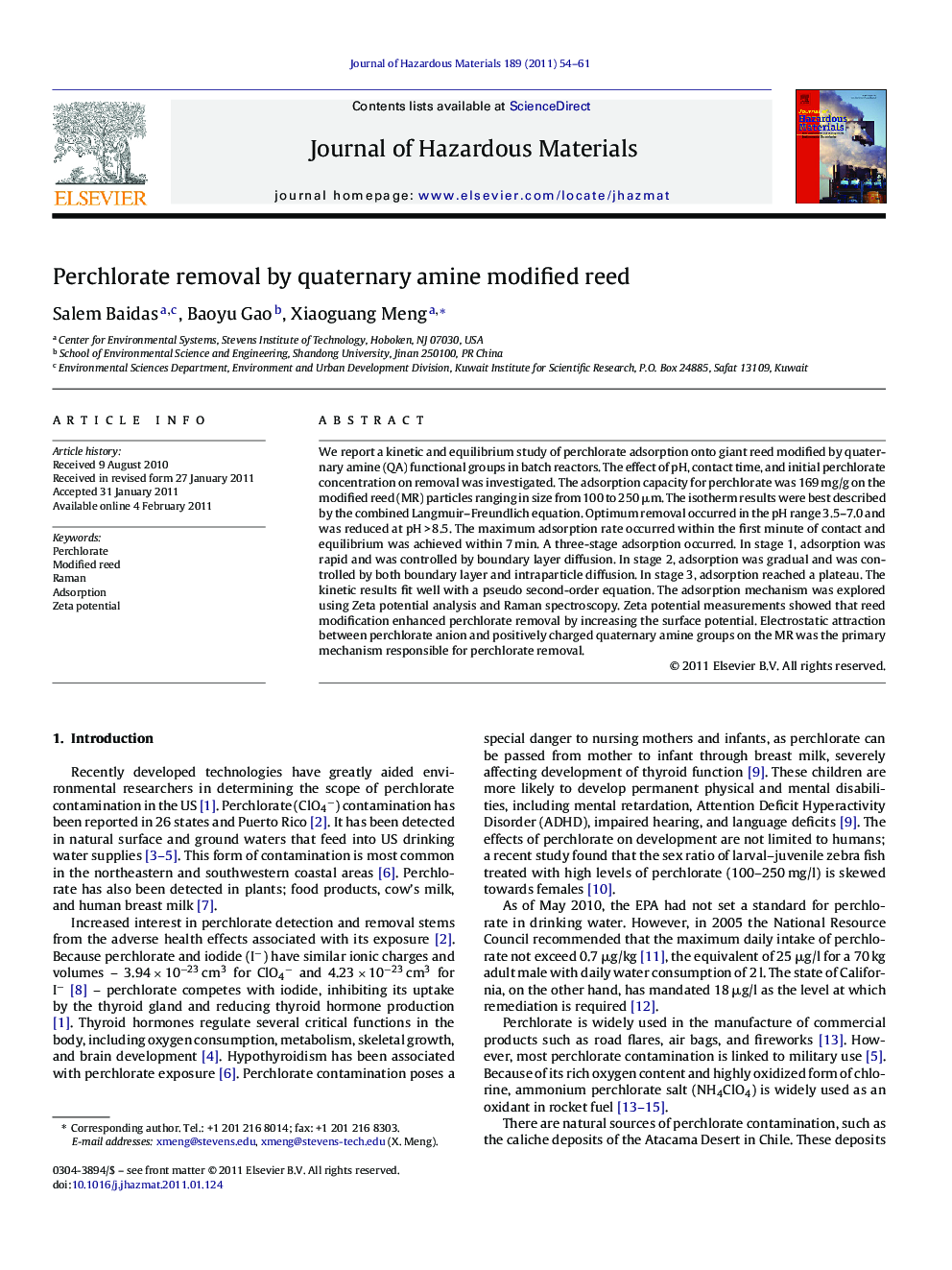 Perchlorate removal by quaternary amine modified reed