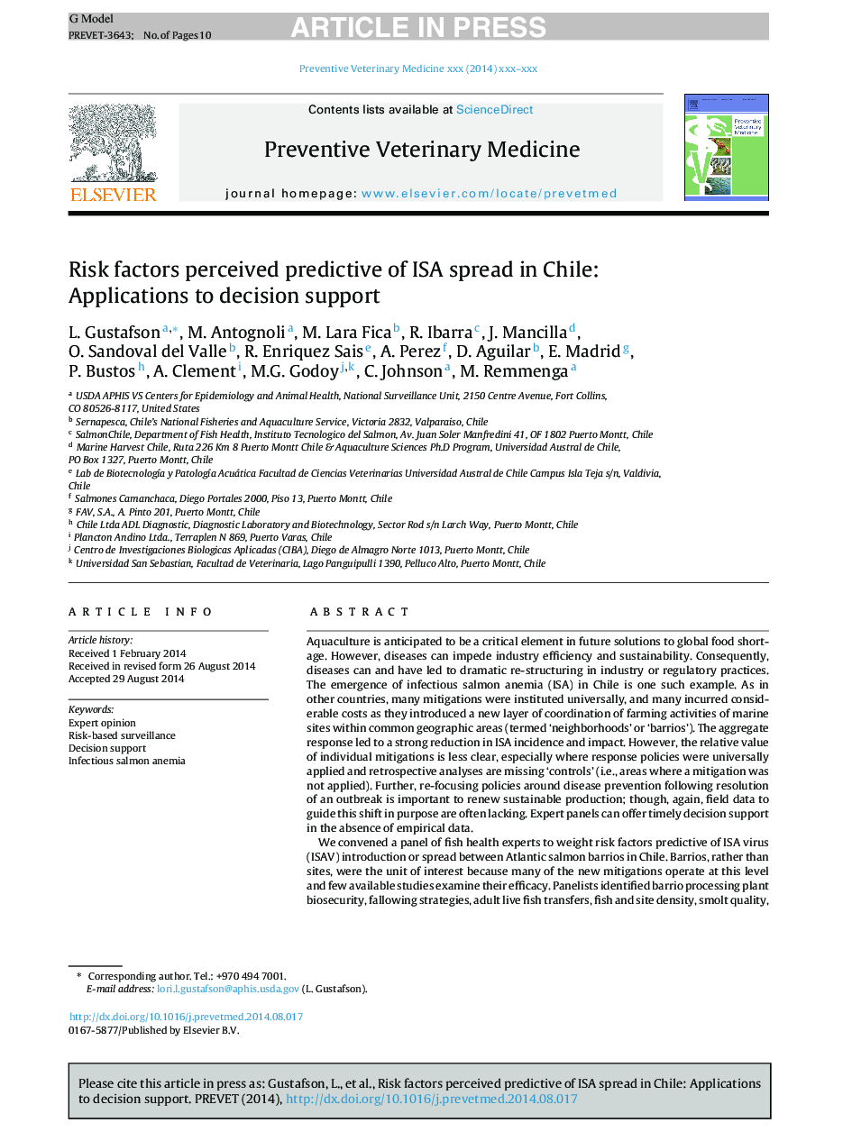 Risk factors perceived predictive of ISA spread in Chile: Applications to decision support