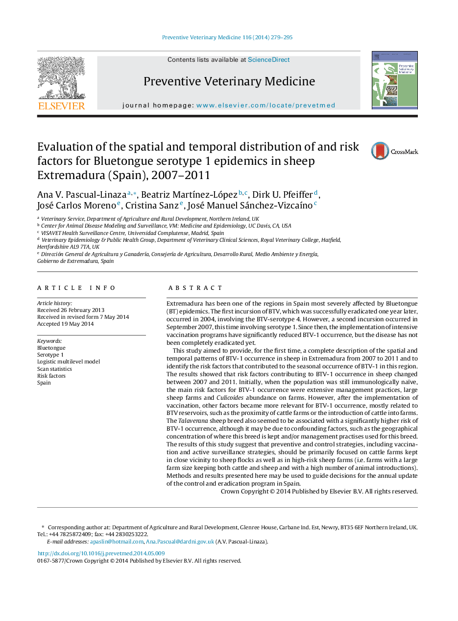 Evaluation of the spatial and temporal distribution of and risk factors for Bluetongue serotype 1 epidemics in sheep Extremadura (Spain), 2007-2011