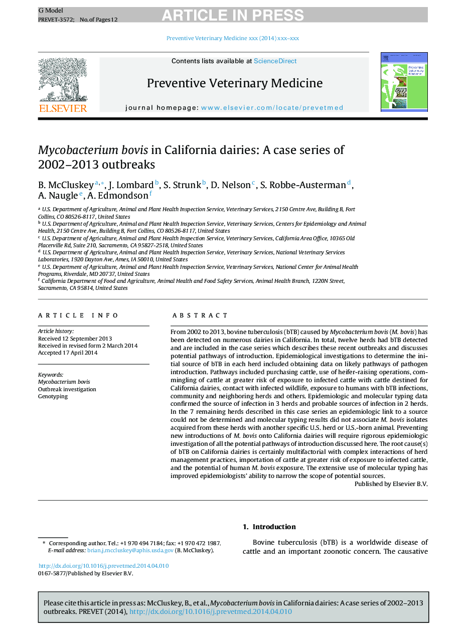 Mycobacterium bovis in California dairies: A case series of 2002-2013 outbreaks