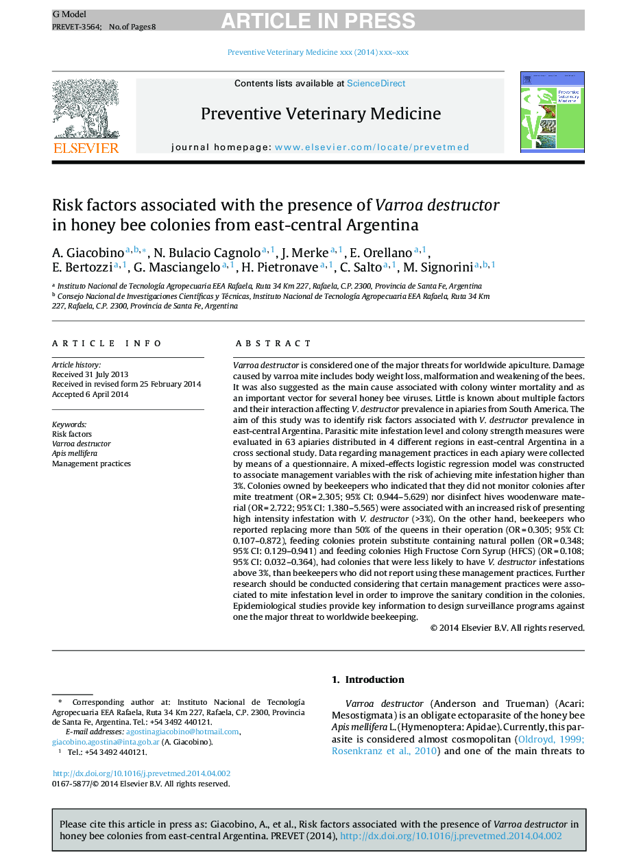 Risk factors associated with the presence of Varroa destructor in honey bee colonies from east-central Argentina