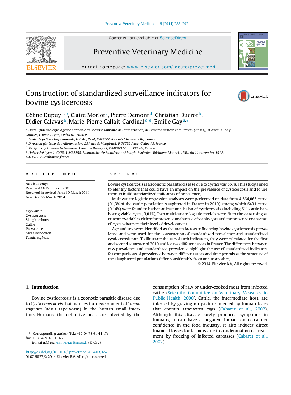 Construction of standardized surveillance indicators for bovine cysticercosis