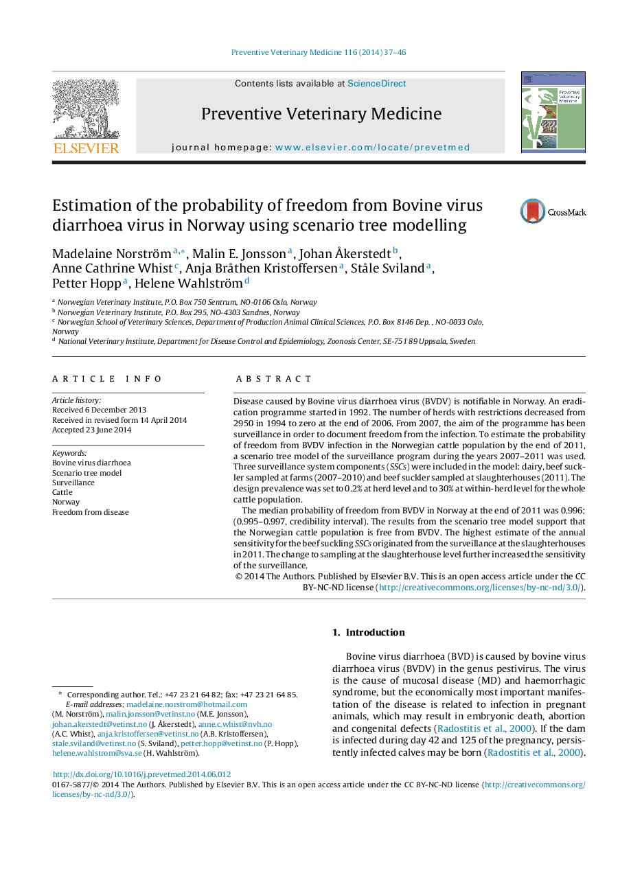 Estimation of the probability of freedom from Bovine virus diarrhoea virus in Norway using scenario tree modelling