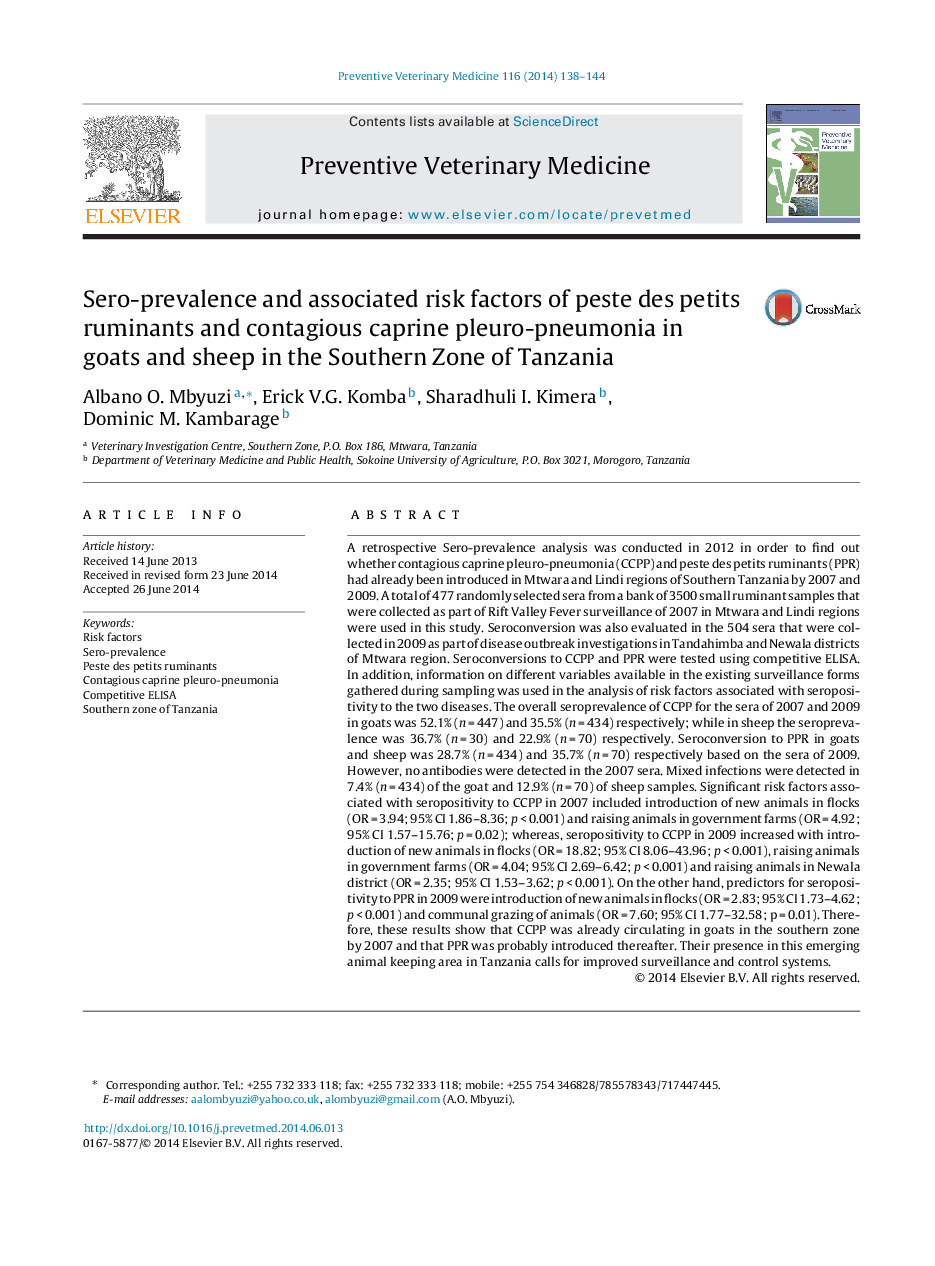 Sero-prevalence and associated risk factors of peste des petits ruminants and contagious caprine pleuro-pneumonia in goats and sheep in the Southern Zone of Tanzania